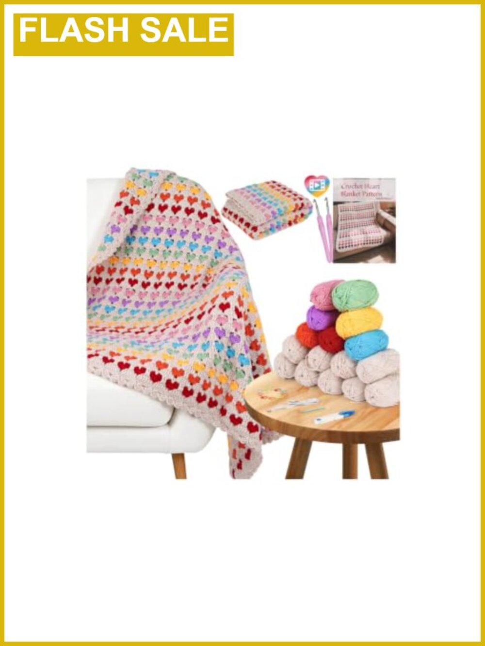 Crochet Blanket Kit for Beginners Soft Cotton Yarn Rainbow Heart DIY
